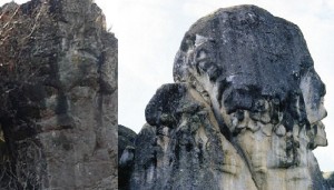 2 A sx Volto megalitico di Borzone in Liguria-a dx quello di Marcahuasi-Perù